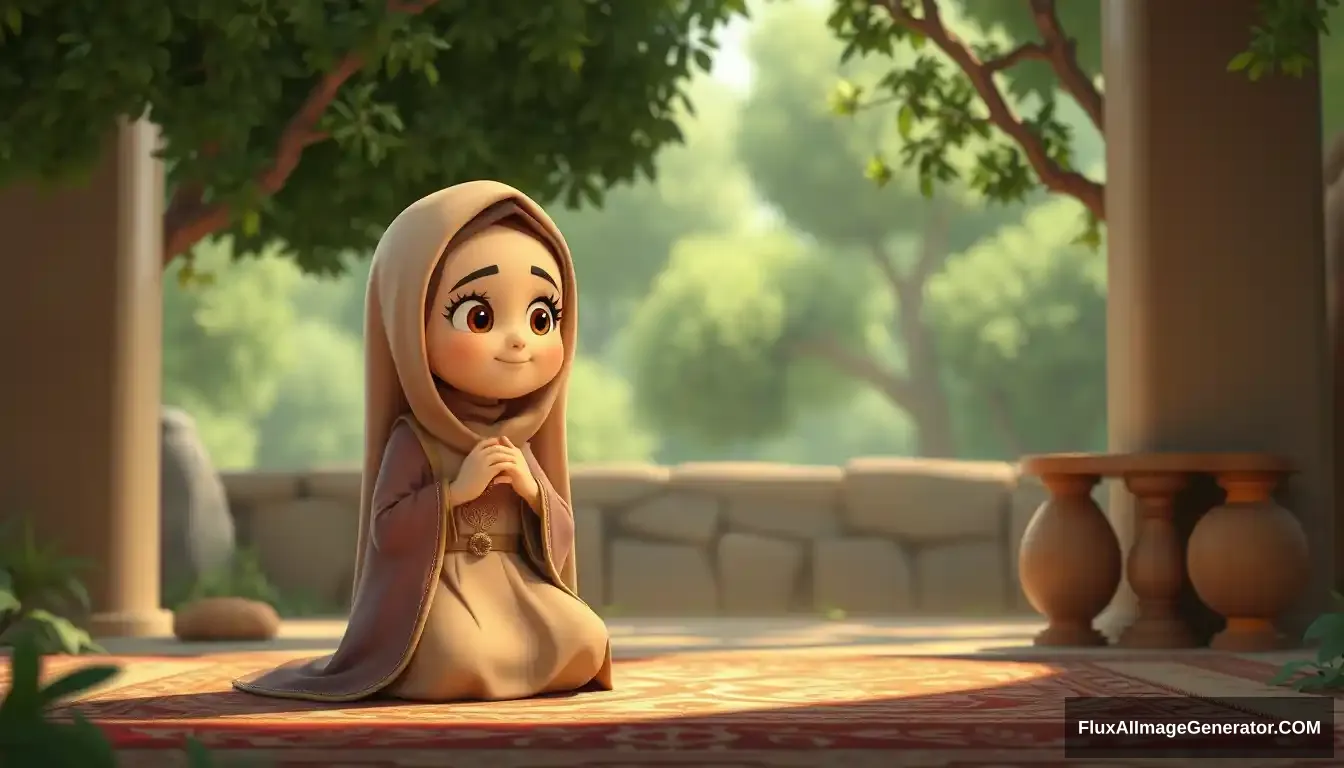 A pious woman named Maryam bint Imran. Maryam is a woman who is very devout in worship and always maintains her purity. She comes from a highly respected family, and since childhood, she was raised in an environment filled with worship and obedience to Allah, create image animation cartoon 3D.