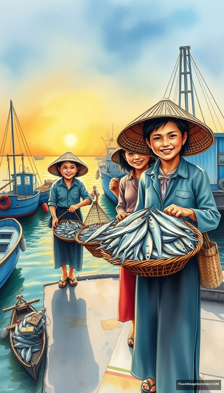 An anatomically accurate watercolor painting of Vietnamese fishermen and women docking at a harbor at sunrise, carrying baskets of fresh anchovies with happy, joyful expressions. Fishing boats are in the background, and the scene is viewed from an elevated perspective, looking down from a building. The overall atmosphere is warm and vibrant, similar to the style of the provided image.