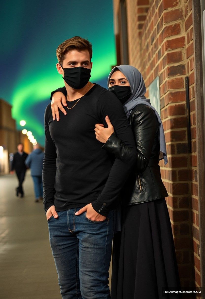 Jamie Dornan, tall, young, black face mask, black long sleeve playboy t-shirt, jeans, 

dating affectionately with a grey hijab Muslim girl, beautiful eyes, black face mask, leather jacket, very long and big skirt, not a tall girl, 

laying on his shoulder, hugging him from behind, persuading him, near a brick wall, in town, photorealistic, street photography, night scenery, aurora borealis. - Image