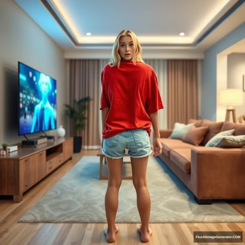 Front view of a young blonde skinny woman in her early twenties in her massive living room, wearing an oversized red polo t-shirt that is slightly off-balance on one shoulder and untucked at the bottom. She is also wearing light blue denim shorts and has no shoes or socks on. She faces her TV with a shocked expression and dives into the magical TV. - Image