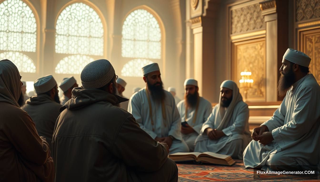 A reflective scene showing a group of Muslims contemplating and discussing the story of Tamim ad-Dari and Dajjal, set in a peaceful, scholarly environment. Ultra HD, realistic, contemplative, with warm and cinematic lighting.