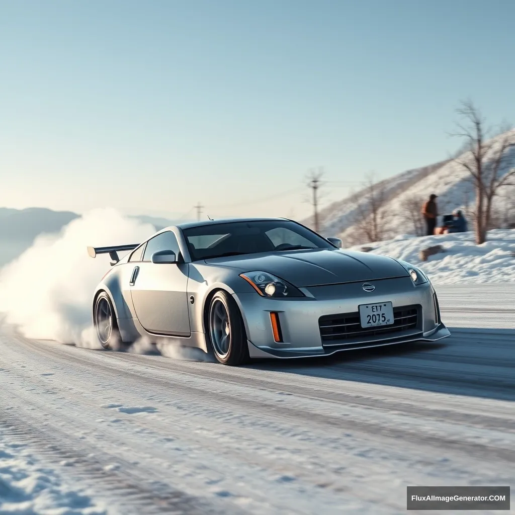 Create an image of a silver Nissan 350z drifting on a Japanese mountain.