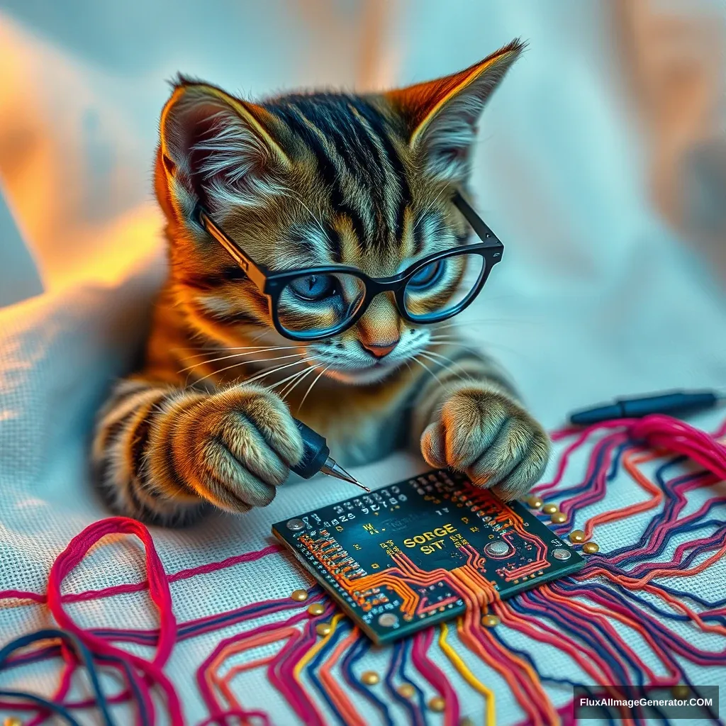 A mischievous tabby cat, wearing tiny spectacles, meticulously solders a circuit board with a miniature iron. Vibrant threads weave intricate patterns, mimicking electronic pathways. Soft fabric backdrop, warm lighting. Delicate French knots form components. Style: Hyper-realistic embroidery art, blending traditional craftsmanship with modern technology.