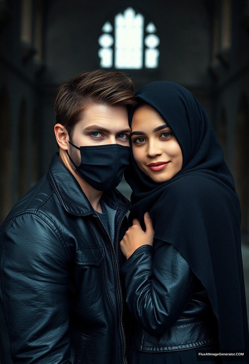 Jamie Dornan's head and body shot, handsome, youngest, black face mask, black leather jacket, dating, love hug with the biggest black hijab Muslim girl, not tall, beautiful eyes, face mask, maroon leather jacket, biggest black skirt, hyper realistic, studio photography, full body photo, explore at abandoned castle, at sea, gloomy scenery. - Image