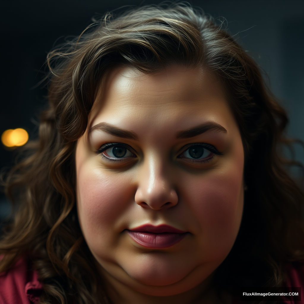 One chubby woman gazes into the camera. She looks madly in love with a man; you can see it in her eyes. She feels anxious as she is unsure how he feels about her. She also feels confident about herself and who she is. Her eyes are blurred, her hair is long and brown with natural curls. There are dim lights in the background. Her cheeks radiate a warm blush, and her slight smile shows her inner peace and tranquility.