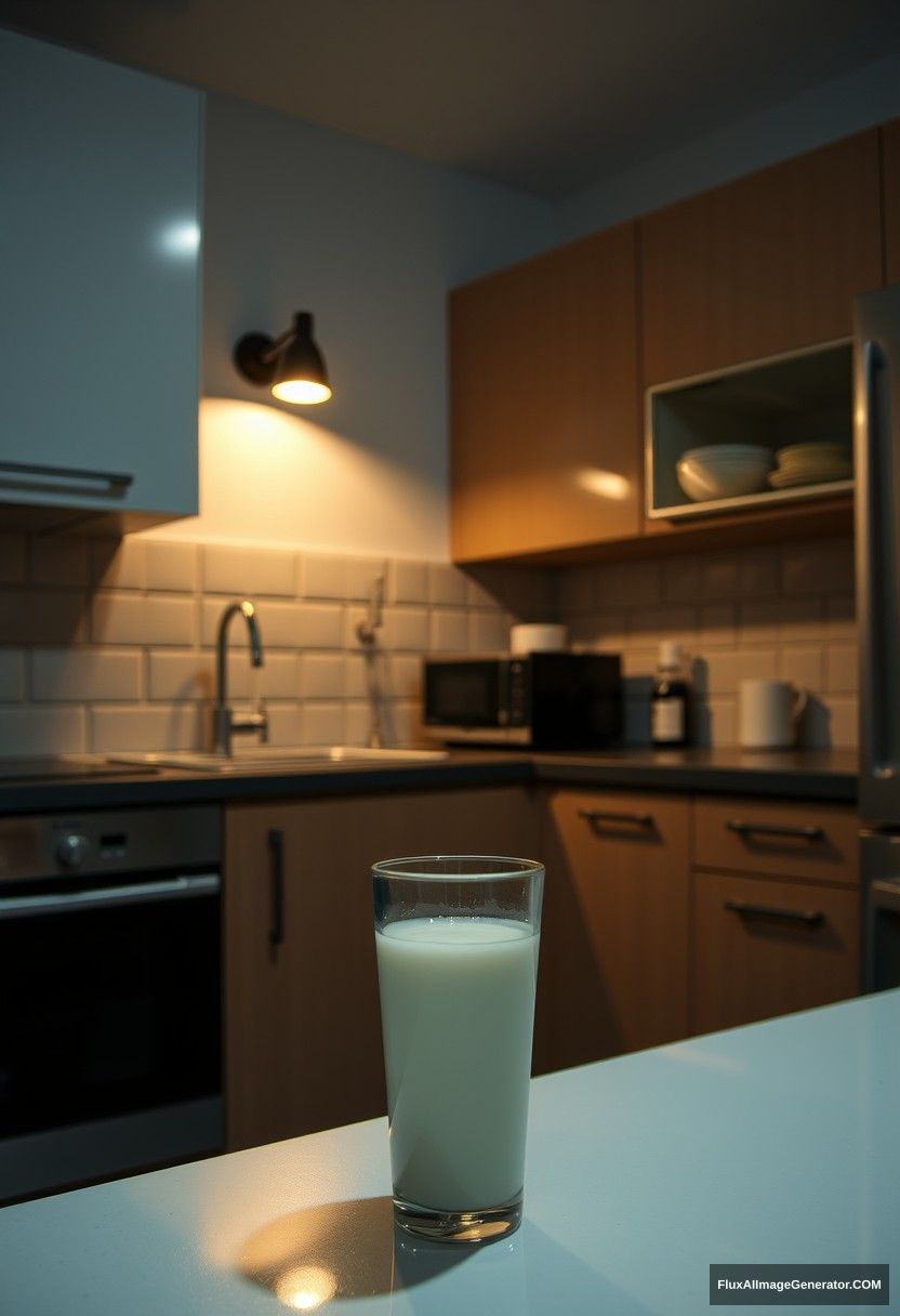 At modern kitchen, at midnight, gloomy lighting lamp, fresh milk in a glass on a table.