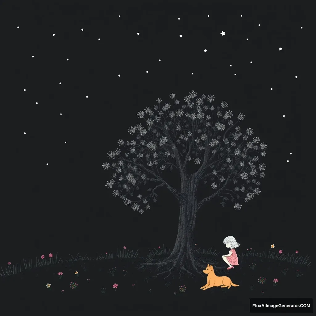 The black sky has a hazy moon, and little stars are scattered all over the starry sky. There is a big tree on the ground, surrounded by flowers and grass. A little girl is squatting by the tree, playing, while a dog lies quietly beside her.