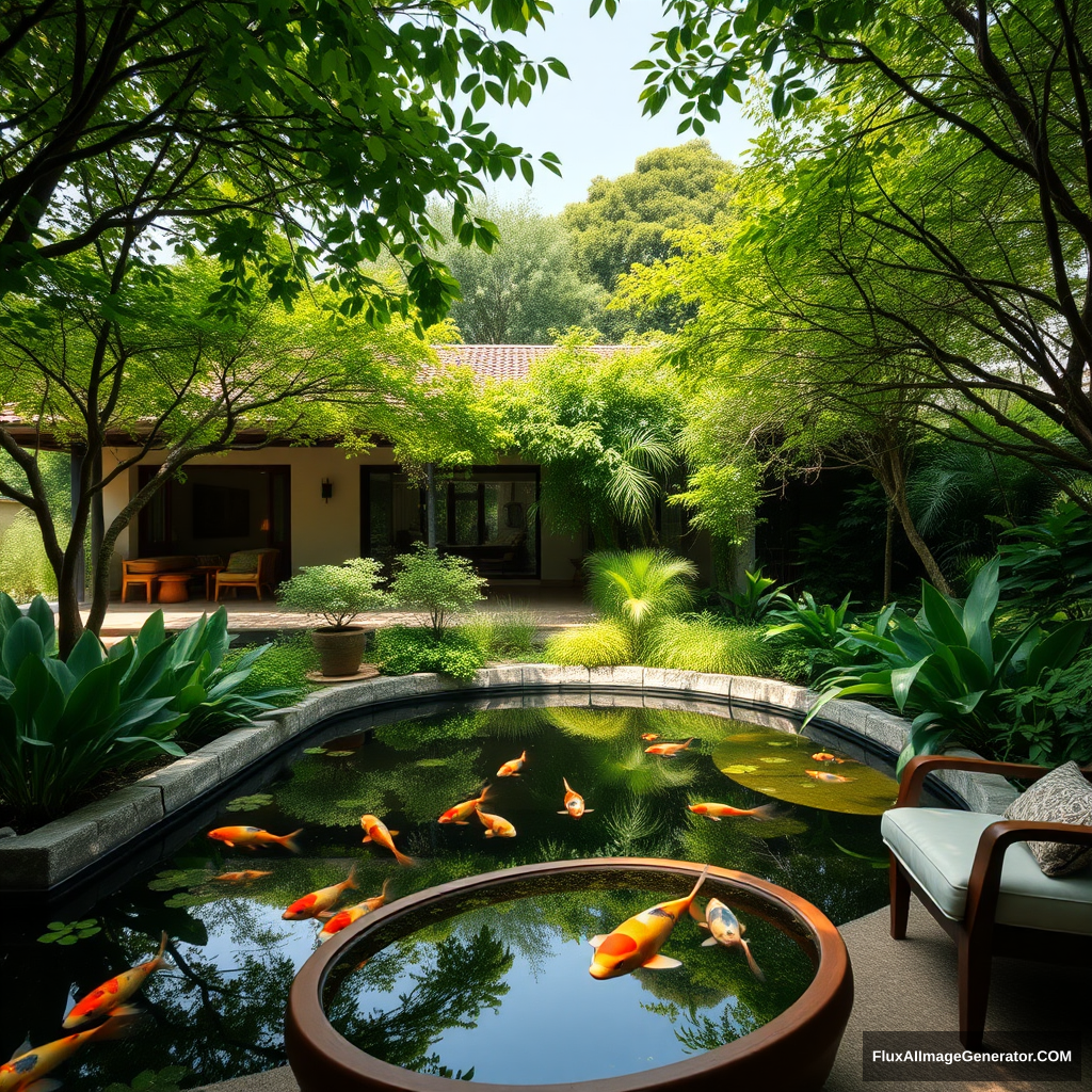 A tranquil villa shaded by lush greenery, with a koi pond where fish swim gracefully, creating a serene environment, complemented by a cozy coffee table, Minimalist style, Garden photography, vibrant greens and the soothing sound of water, composition that captures the essence of leisure and relaxation. - Image