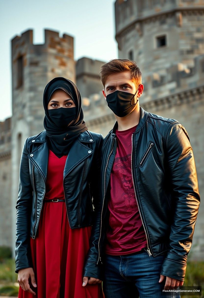 A big black hijab girl with beautiful eyes, wearing a black face mask, a black leather jacket, and the longest red dress. She is not tall.

Jamie Dornan, handsome, wearing a black face mask, with a fit and tough body, a metal red t-shirt, a black leather jacket, and jeans. He is a tall man.

They are standing together near a wall.
Hyper-realistic, photorealistic, street photography, in front of Victoria's abandoned castle, at sunrise. - Image