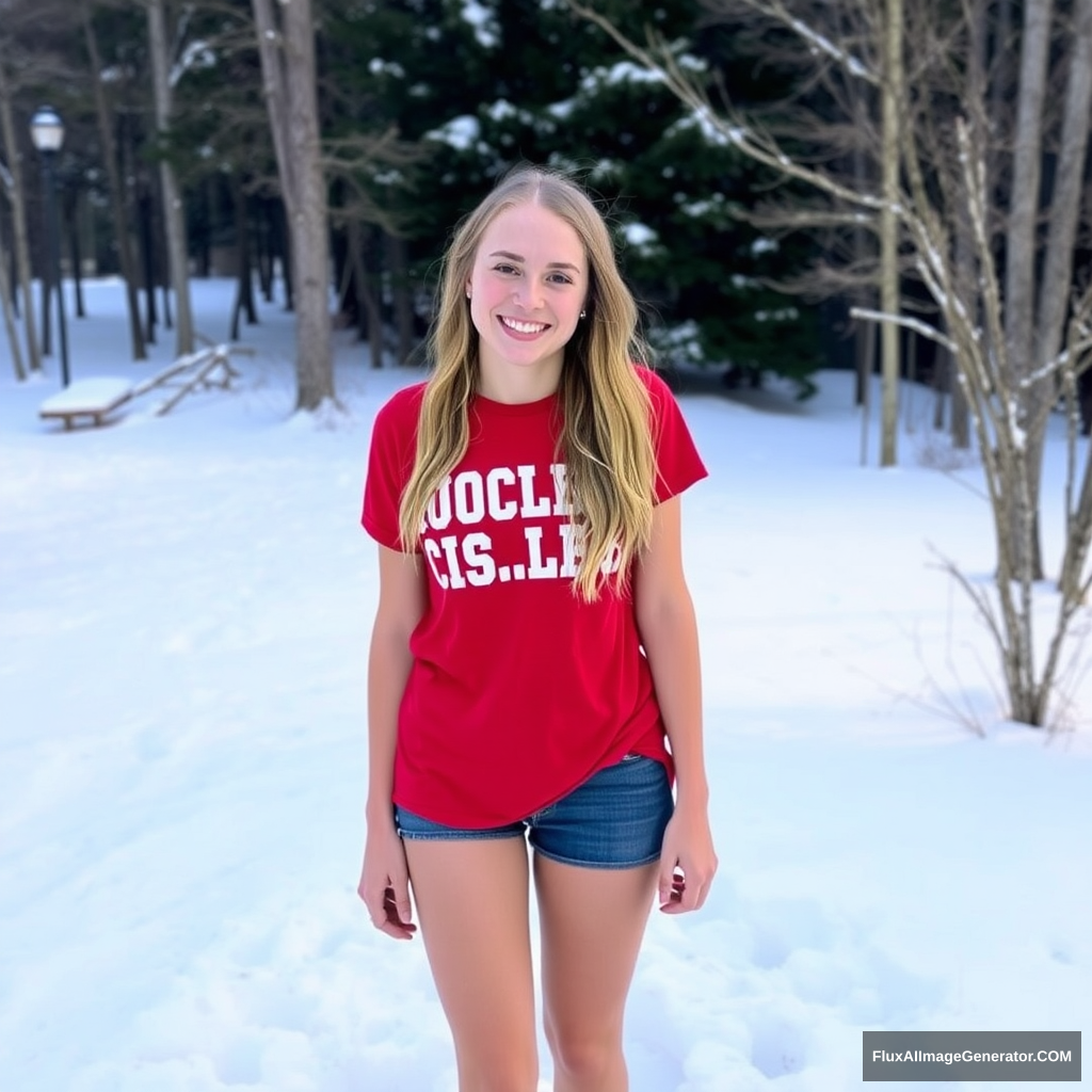 A very pretty 28-year-old Ally Hinson from Appalachian College, wearing a red t-shirt and sandals in the snow, happy.