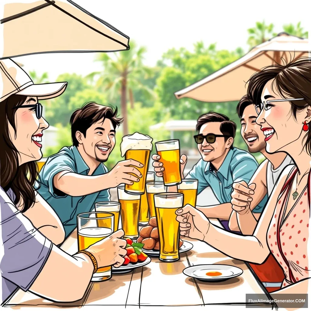 A company of Asian descent is planning a gathering for 10 male and female employees in their 30s to 50s to enjoy cold beer and chicken on a hot summer day. Please create a lively, non-photorealistic sketch image to uplift the atmosphere before the gathering. Make sure the colors are not too vibrant.