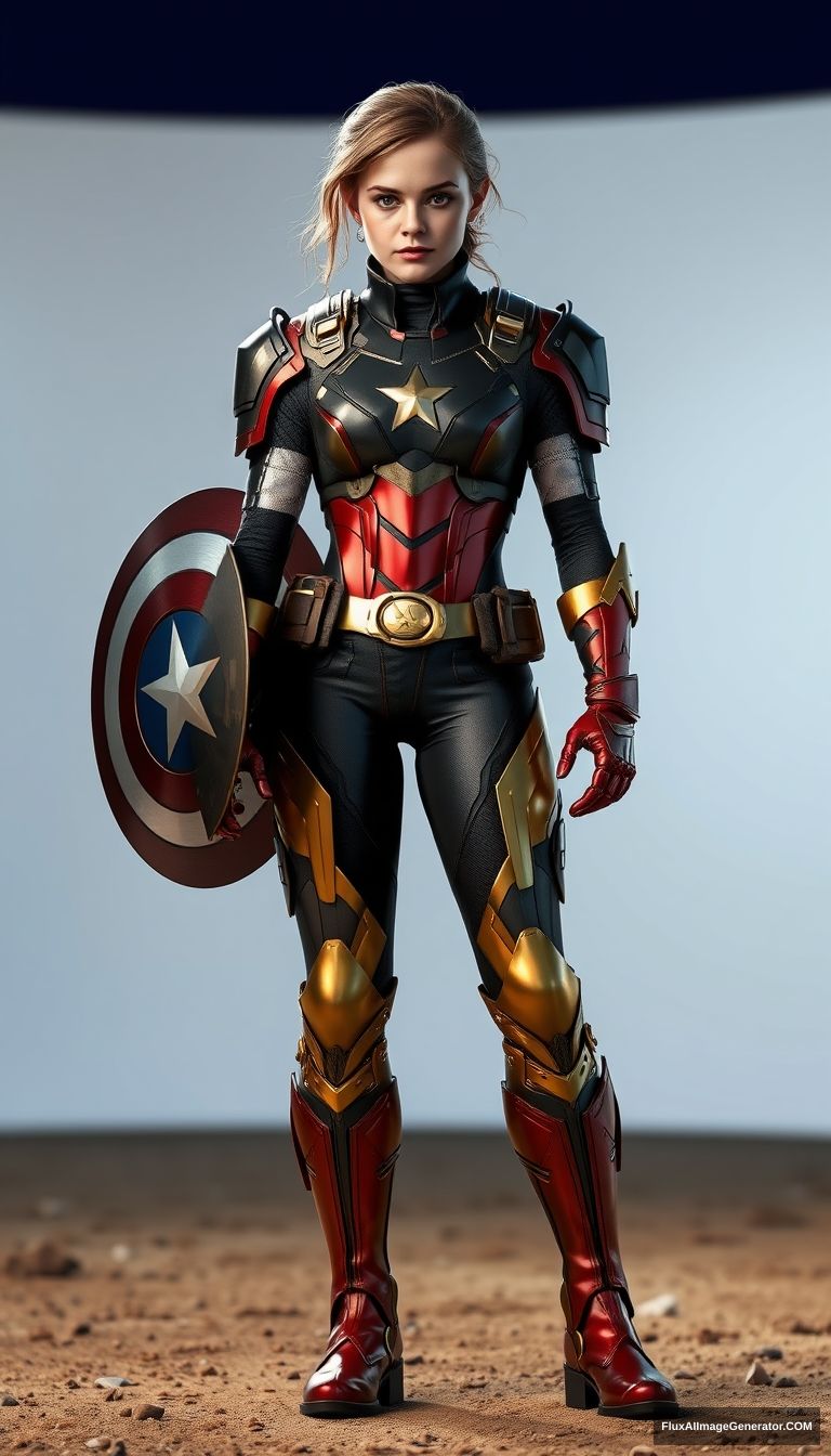 Emma Watson wears Captain America styled armor, red-gold metallic boots, Pixar style. - Image