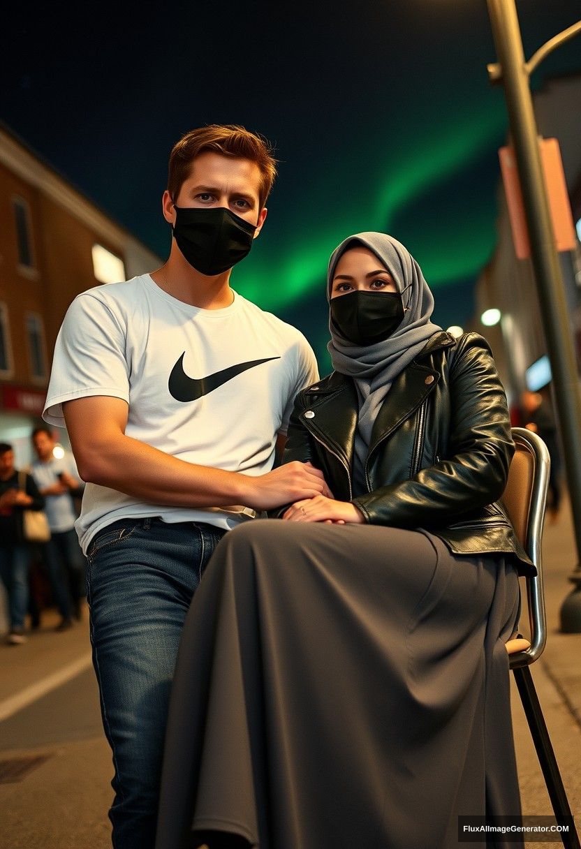 Jamie Dornan, tall, young, wearing a black face mask, a white Nike t-shirt, and jeans, 

dating a beautiful Muslim girl in a grey hijab with beautiful eyes, wearing a black face mask, a leather jacket, and a very long and wide skirt; she is not a tall girl, 

sitting in a chair in town, photorealistic, street photography, selfie photos, night scenery, aurora borealis.