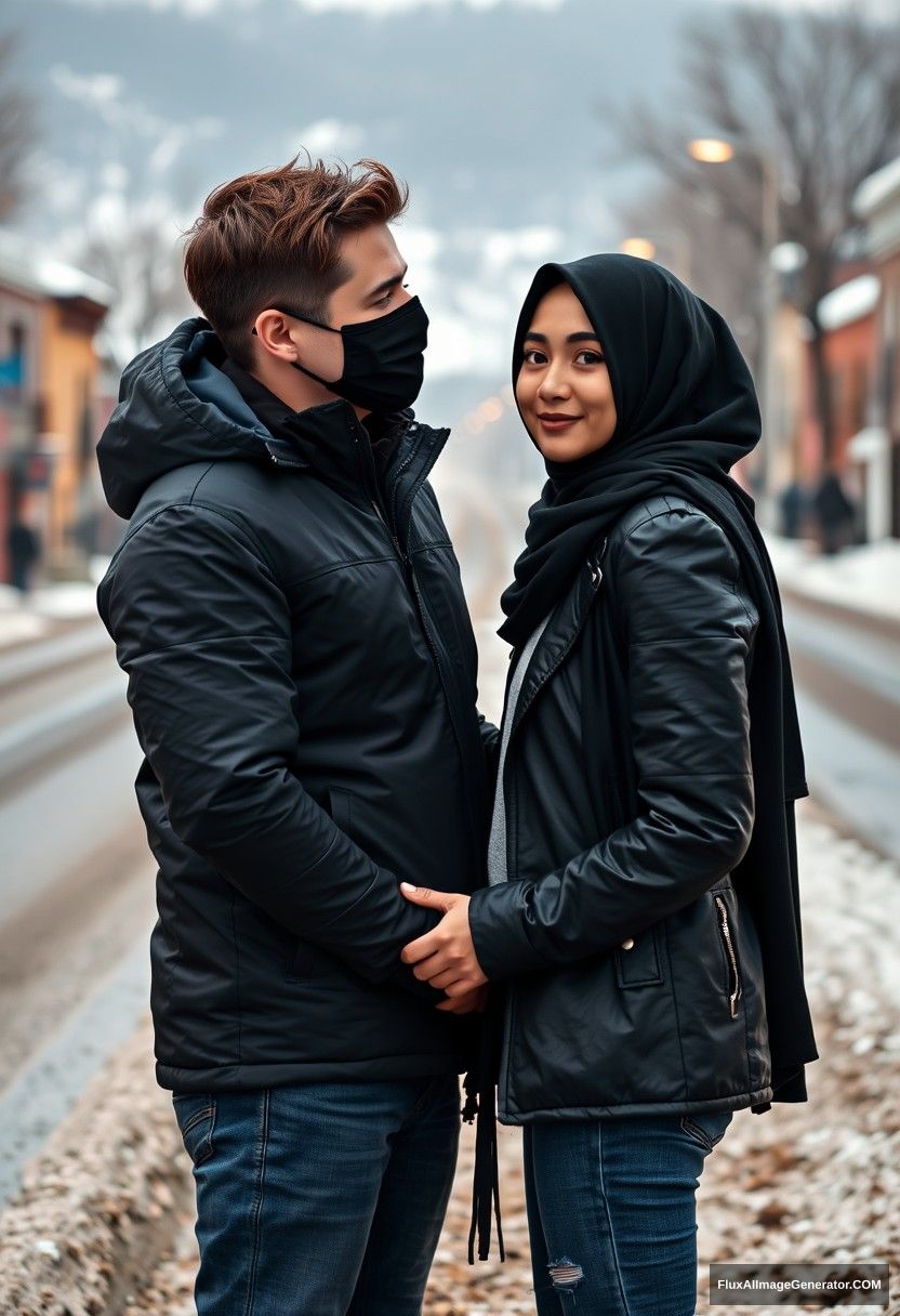 Jamie Dornan, handsome, young, wearing a black face mask, a snow jacket, and jeans, dating a beautiful, romantic Muslim girl in a big black hijab with beautiful eyes, also wearing a black face mask and a black leather jacket, standing together near the road in a town with a winter scenery, pinching each other's cheeks, photorealistic street photography.