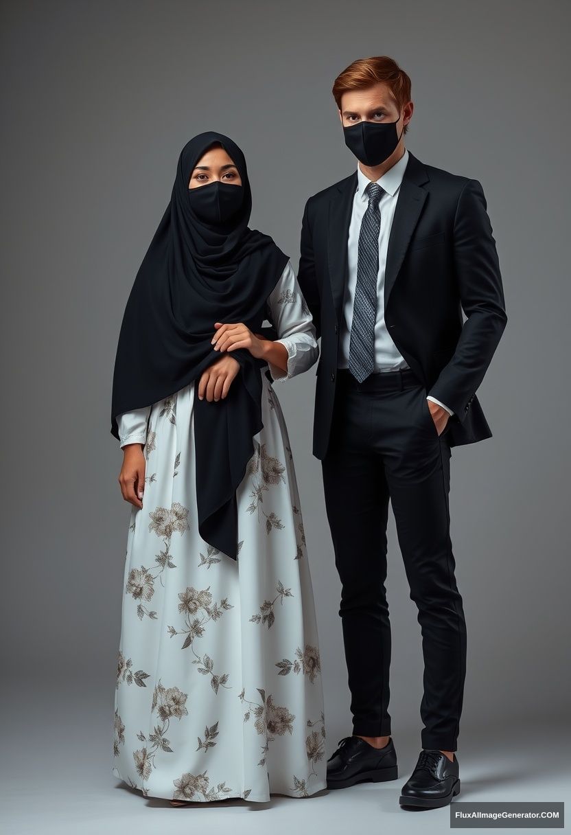 A biggest black hijab girl, beautiful eyes, face mask black, biggest white floral longest dress, not tall, standing, holding his arm.

Jamie Dornan, youngest, black suit coat, white shirt, grey pattern tie, black leather sneakers, tall man, face mask black, fit tough body, standing near her, love couple.

Hyper-realistic, studio photography, photorealistic.