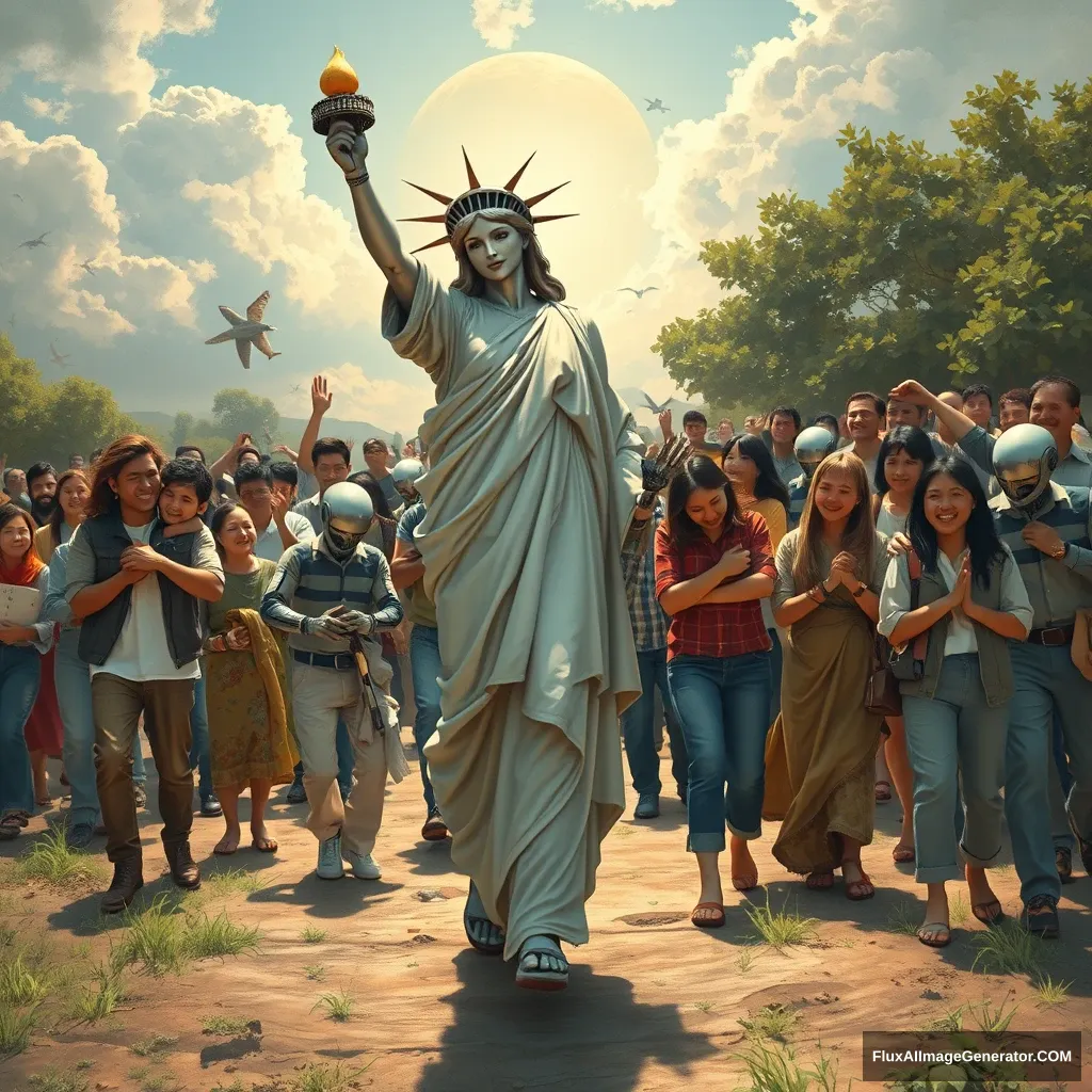 A powerful and inspiring image depicting the concept of freedom and food sovereignty. In the foreground, a goddess symbolizing liberty leads the people towards a bright future, reminiscent of the iconic painting 'Liberty Leading the People.' The goddess appears mostly human, with only about 10% of her body showing robotic elements, such as a mechanical arm or eye. She is surrounded by families and individuals who are joyous and supportive, embracing and helping each other. Among the people, advanced robots are also present, assisting and supporting the humans. The scene is vibrant and full of hope, capturing the essence of unity, progress, and decentralized, family-based agricultural production. - Image