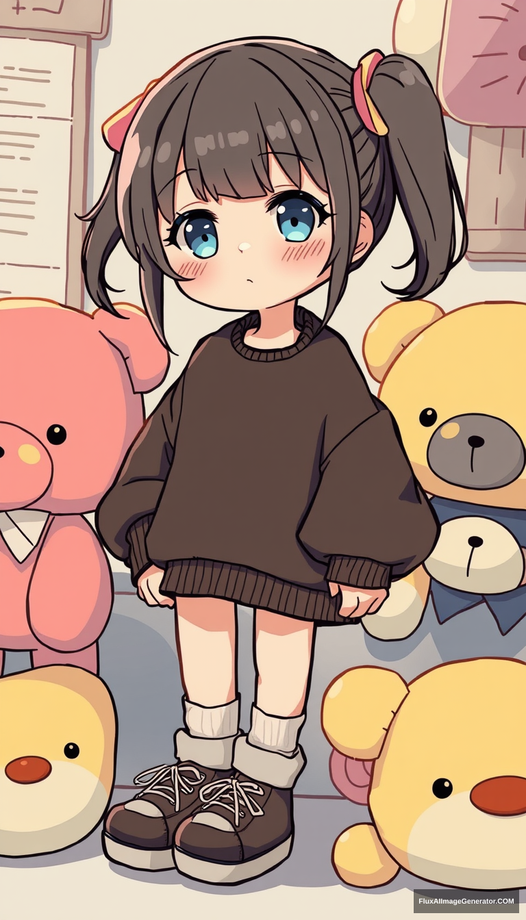 Kawaii and small anime girl cel shading and oversized clothes. Plushies. - Image