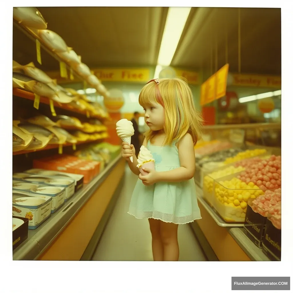 70's surreal Polaroid photo of a barefoot girl with rainbow hair eating a diamond ice cream in the fish supermarket.