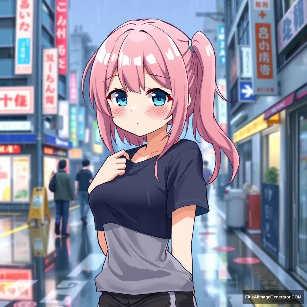 An anime girl in a t-shirt and sporty clothes, pink hair, cyan eyes, on a rainy Tokyo street, wringing her wet shirt, looking perplexed with a blush [Sakimichan art style].