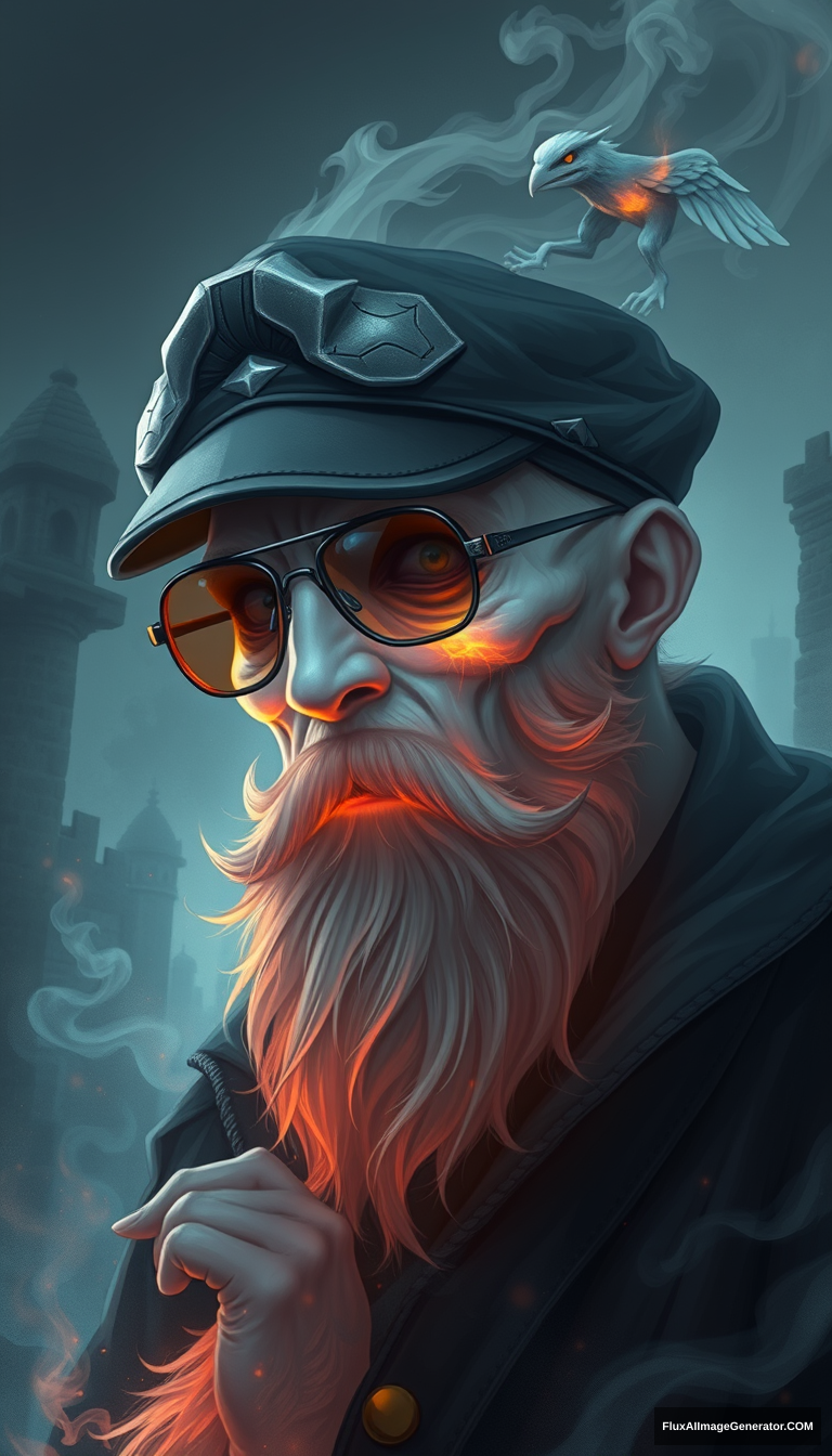 A ghostly lich, skin dissolving into iridescent smoke wisps, emanates an otherworldly aura. A charcoal flat cap perches atop, framing aviator glasses and a fiery beard. RPG-style artwork depicts this ethereal being against a misty, medieval backdrop, evoking both dread and fascination. - Image