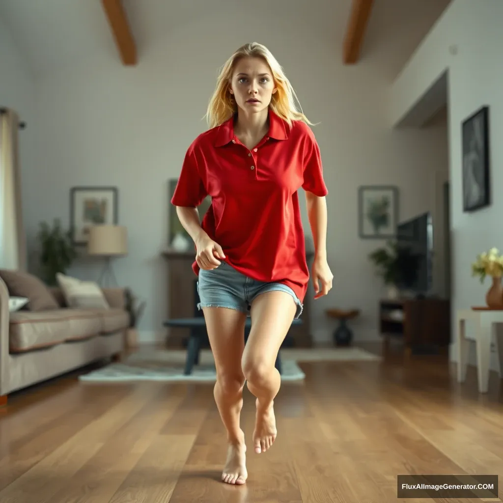 A front view of a blonde, skinny woman in her early twenties is in her massive living room, wearing a massively oversized red polo t-shirt that is quite off-balance on one shoulder and also untucked. She is wearing light blue denim shorts and has no shoes or socks on. She faces the camera looking scared and runs toward it with both arms straight down. - Image