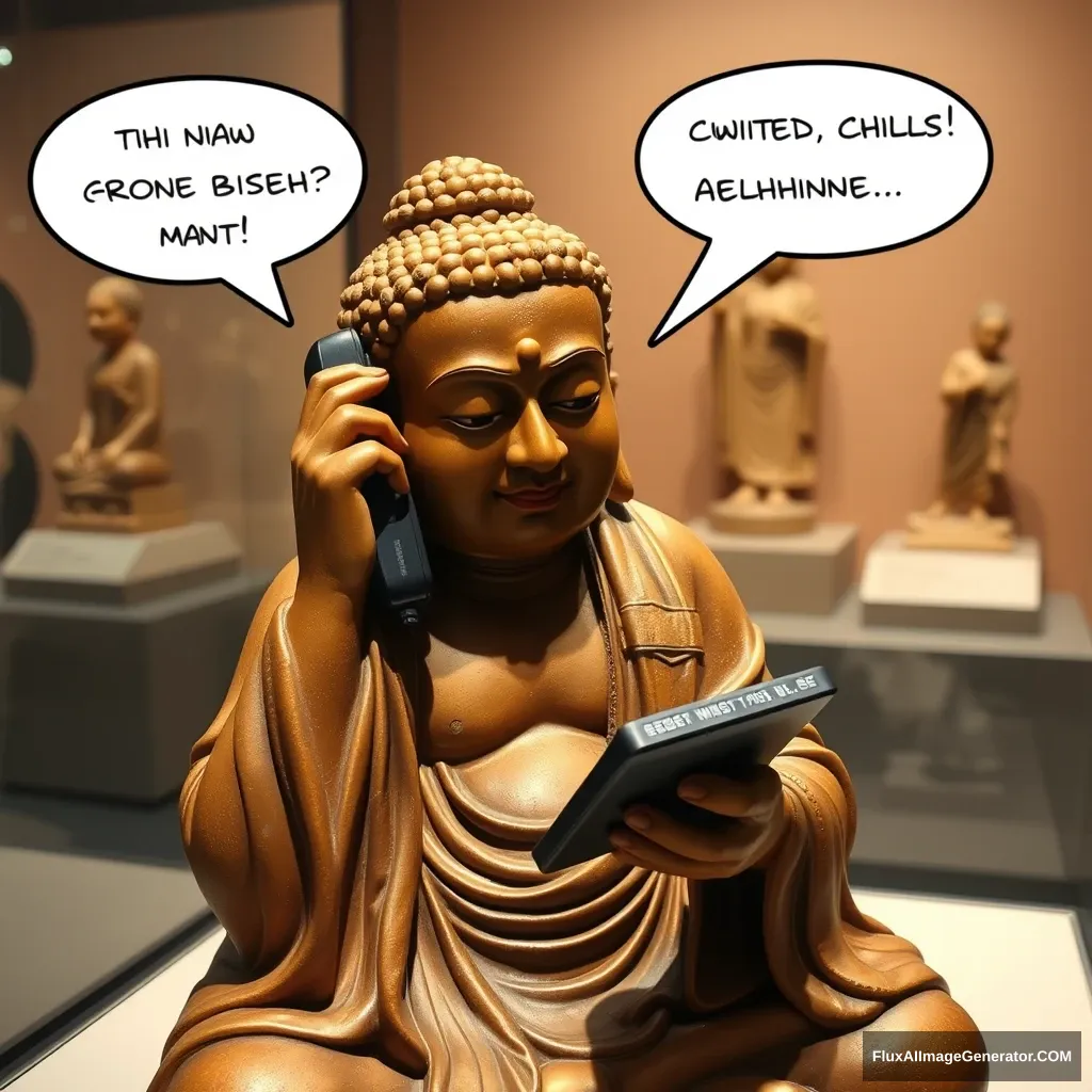 "Museum artifact, a Buddha holding a phone, scratching his head in thought, a humorous shot, comical actions, an interesting piece, exhibit." - Image