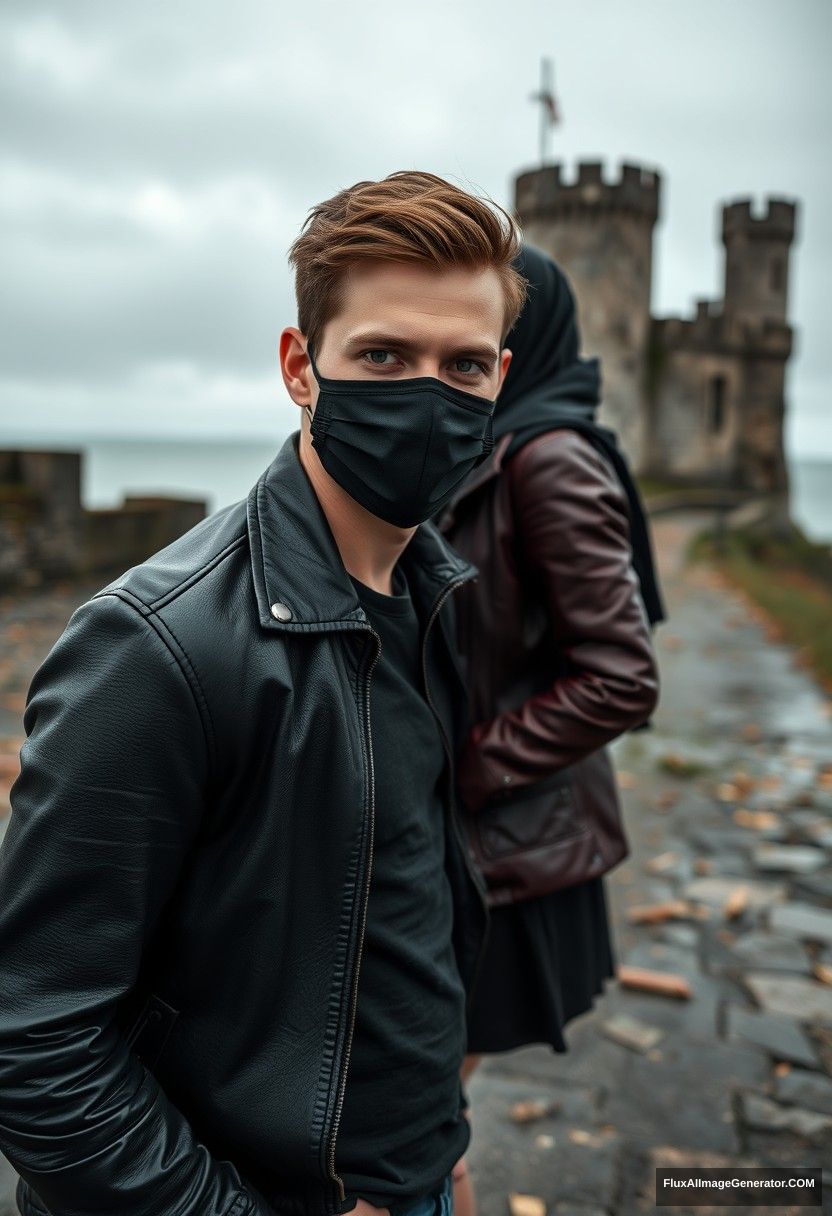 Jamie Dornan's head and body shot, handsome, youngest, black face mask, black leather jacket, jeans, dating, love with the biggest black hijab Muslim girl, not tall, beautiful eyes, face mask, maroon leather jacket, biggest black skirt, hyper-realistic, studio photography, full body photo, explore at abandoned castle, at sea, gloomy scenery.