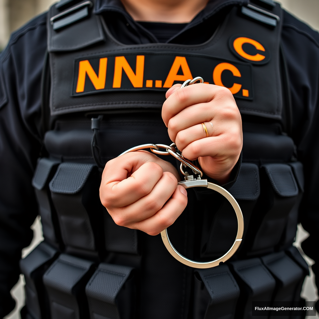 A soldier in black gear with a black and orange inscription N.A.C. on his vest is wearing handcuffs, a shot of his hands in handcuffs in front of him. - Image