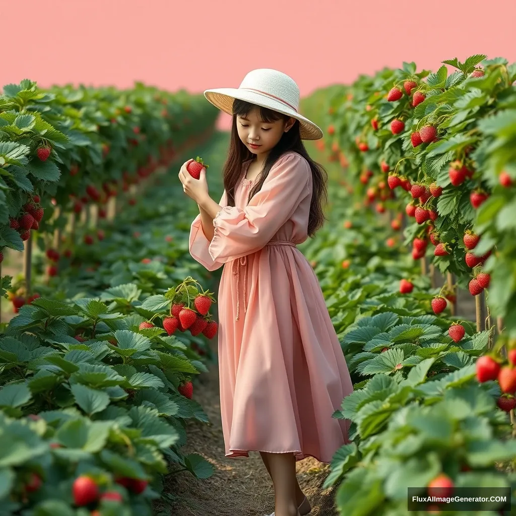 A girl wearing a transparent pink chiffon dress picking strawberries in a strawberry field, with a solid color background, Picas style, 3D rendering, natural light, high-definition picture quality, 8k, -- niji 6. - Image