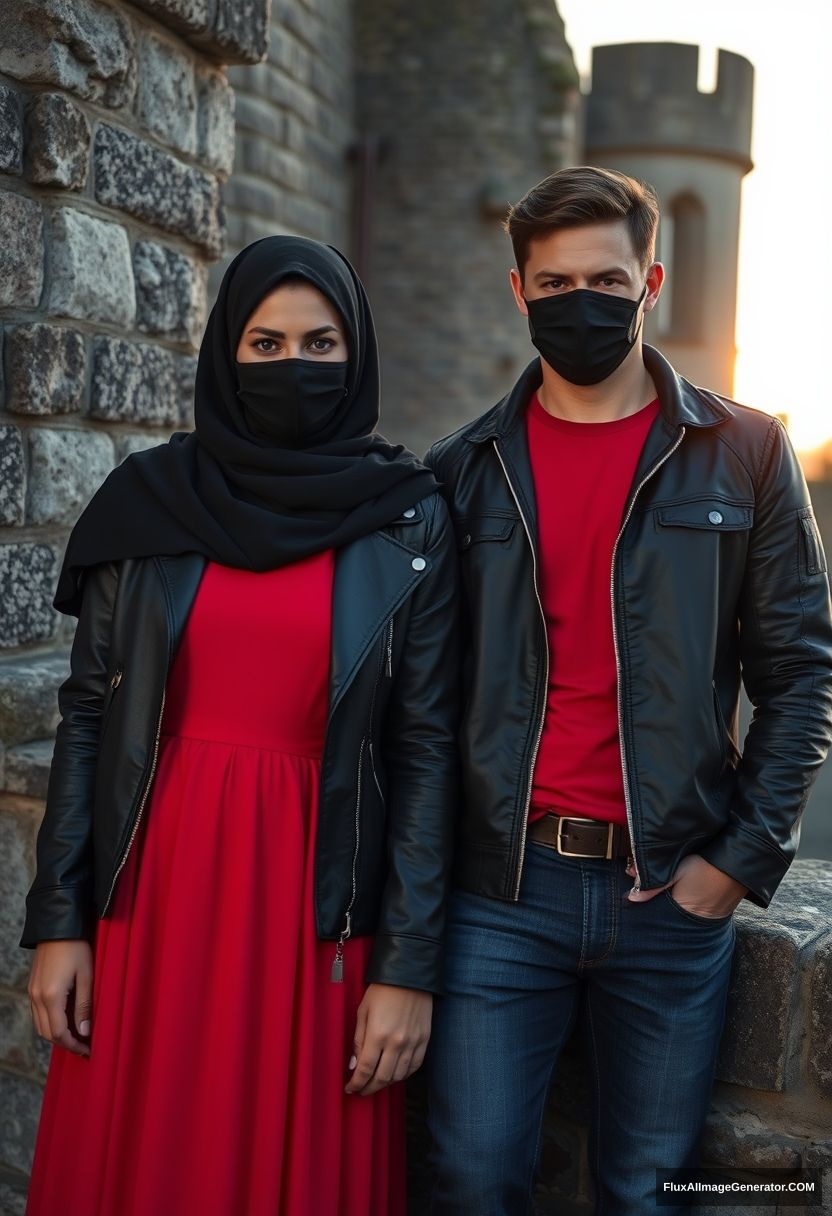 A biggest black hijab girl, beautiful eyes, face mask black, black leather jacket, biggest red longest dress, untall,

Jamie Dornan, handsome, face mask black, fit and tough body, red t-shirt, black leather jacket, jeans, tall man, standing at wall together

Hyper realistic, photorealistic, studio photography, Victoria's abandoned castle, sunrise. - Image