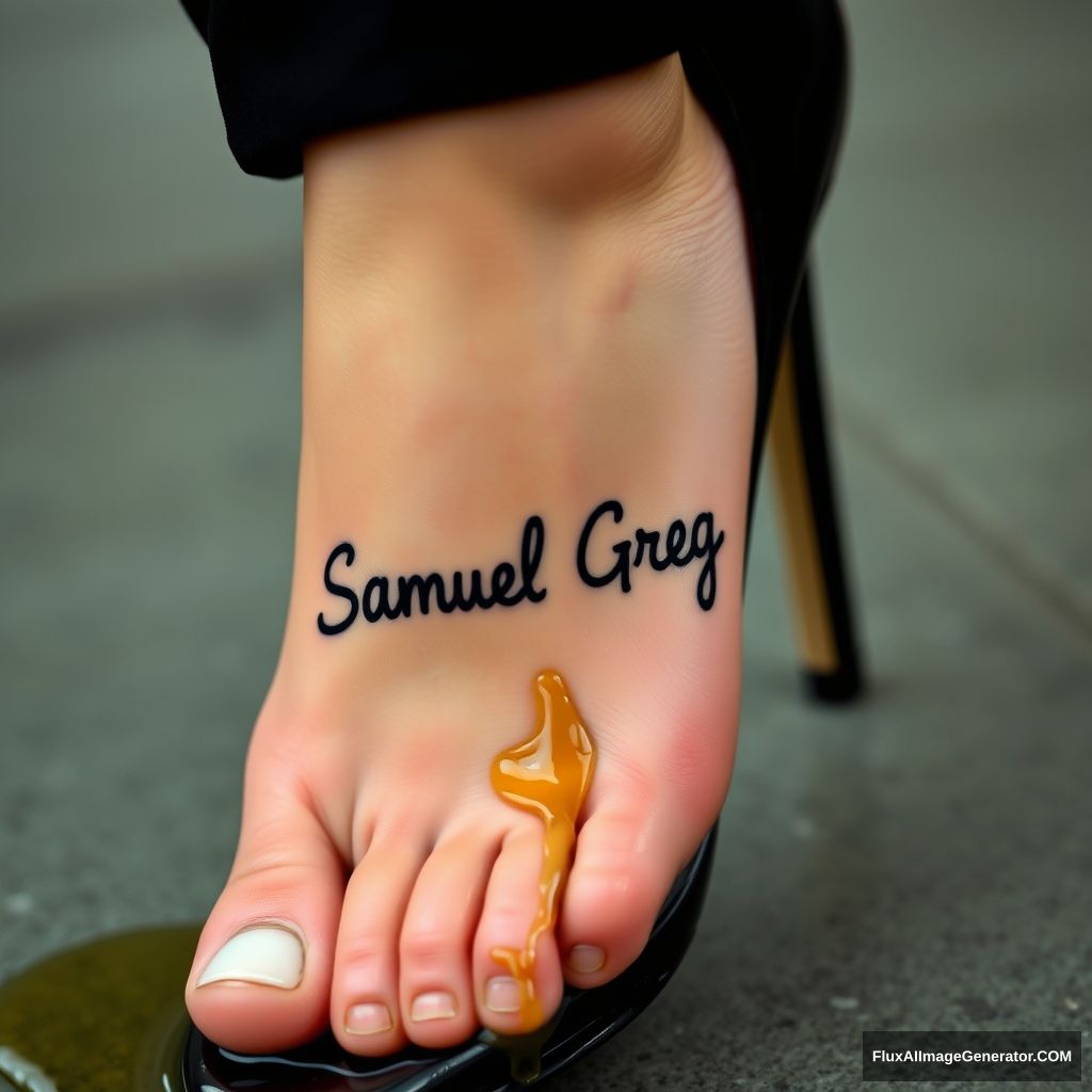 The name "Samuel Greg" on a woman's foot in a black high heel. There is oil all over the foot. - Image