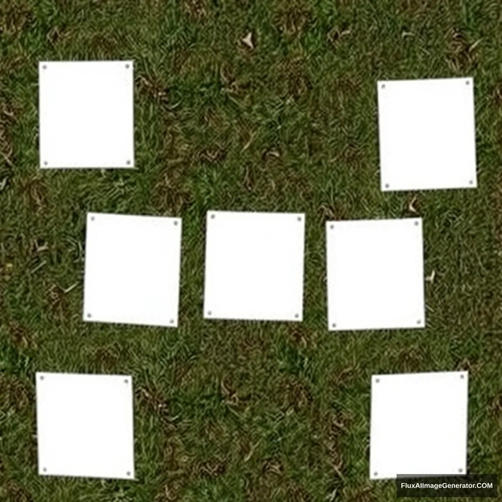 Five white square posters cover the grass.