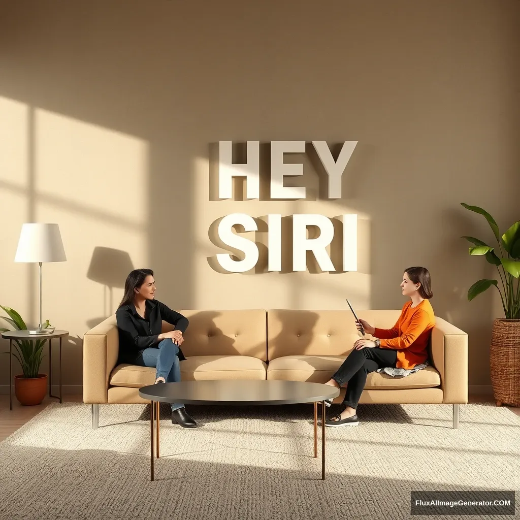 The background of a meeting, planetary content, two people are communicating, there is a sofa, realistic, and on the wall it says "HEY SIRI". - Image