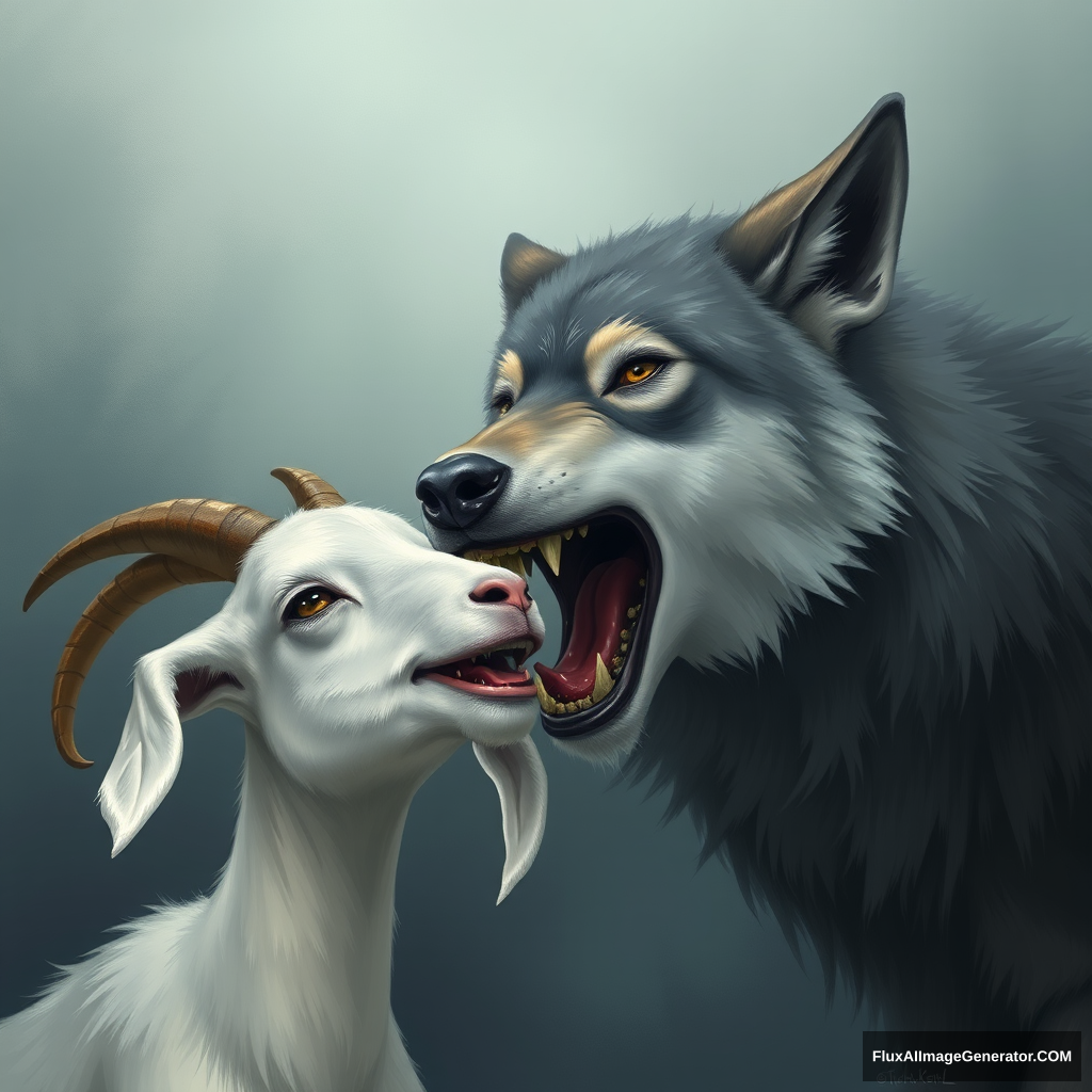 The gray wolf eats the happy goat. - Image