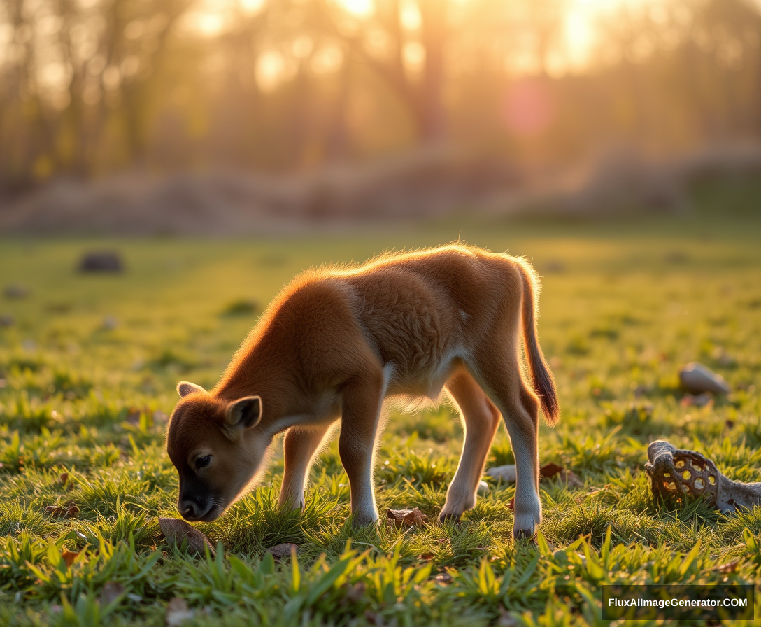 The morning sun, the little calf is grazing.