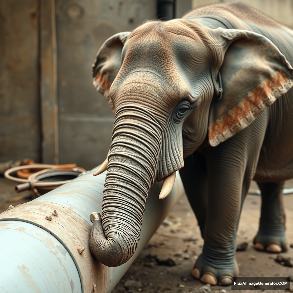 Elephant fixing a tube like a plumber