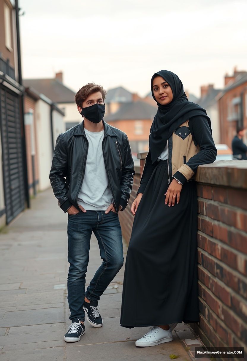 Jamie Dornan, handsome, young, wearing a black face mask, a collage jacket, and jeans, dating a beautiful Muslim girl in a black hijab with beautiful eyes. He is wearing a black face mask, a black leather jacket, and sneakers. The girl is wearing the biggest, longest skirt, standing or lying by a brick wall in a town with a morning scenery. The style is photorealistic street photography. - Image