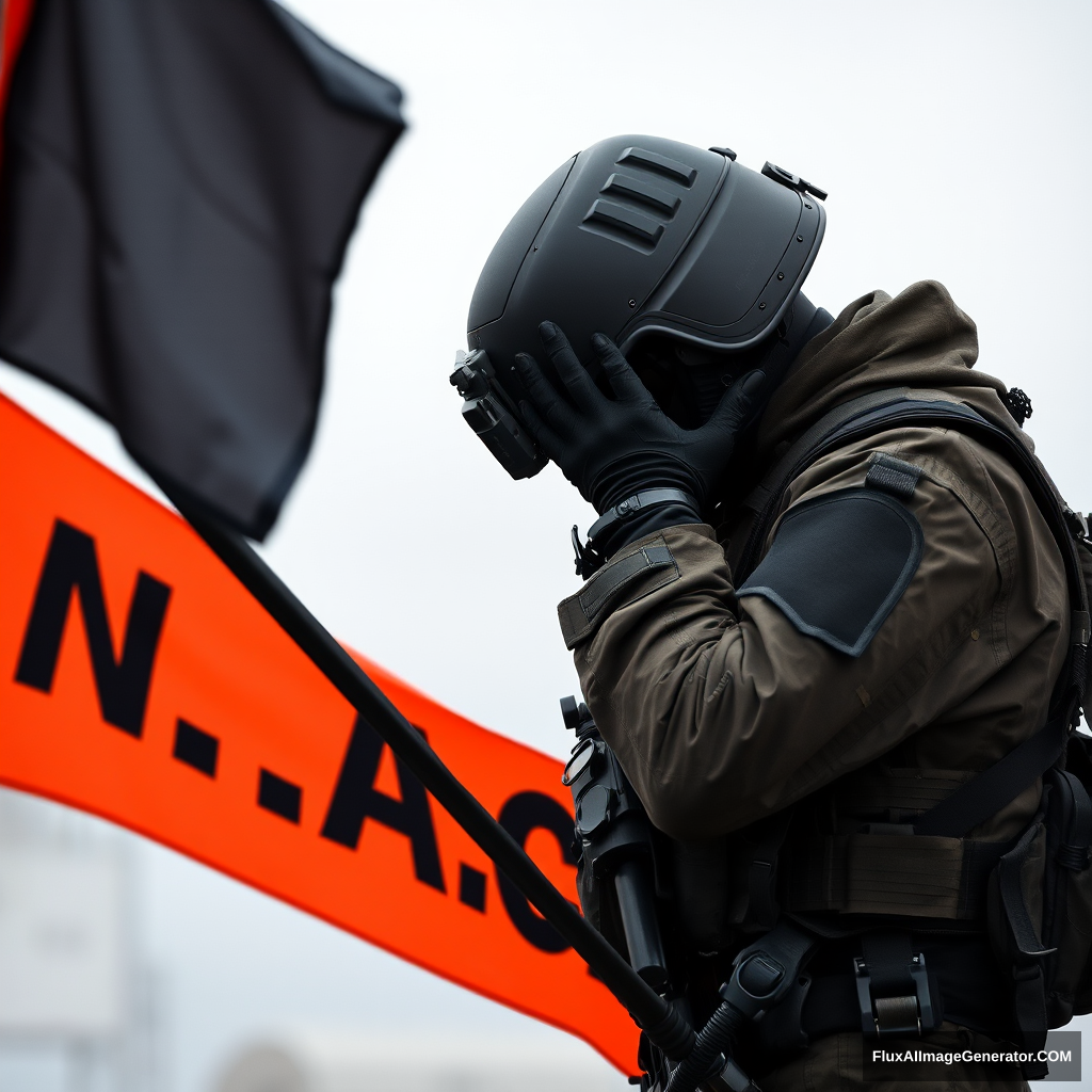 A soldier in dark gear lowered his head and covered his face with his hand in shame, holding a flag with the black and orange inscription "N.A.C." - Image