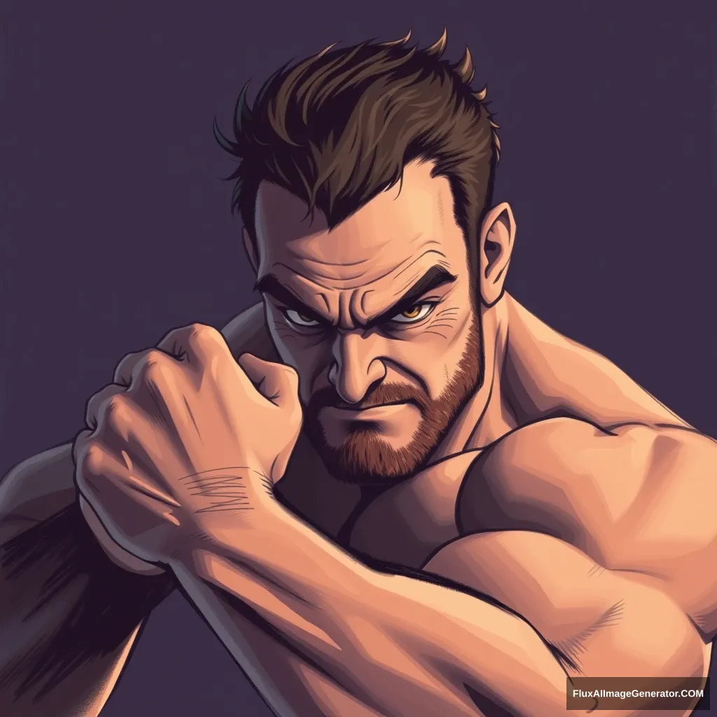 Cel shaded art, a strong man is trying to grab something, portrait. - Image