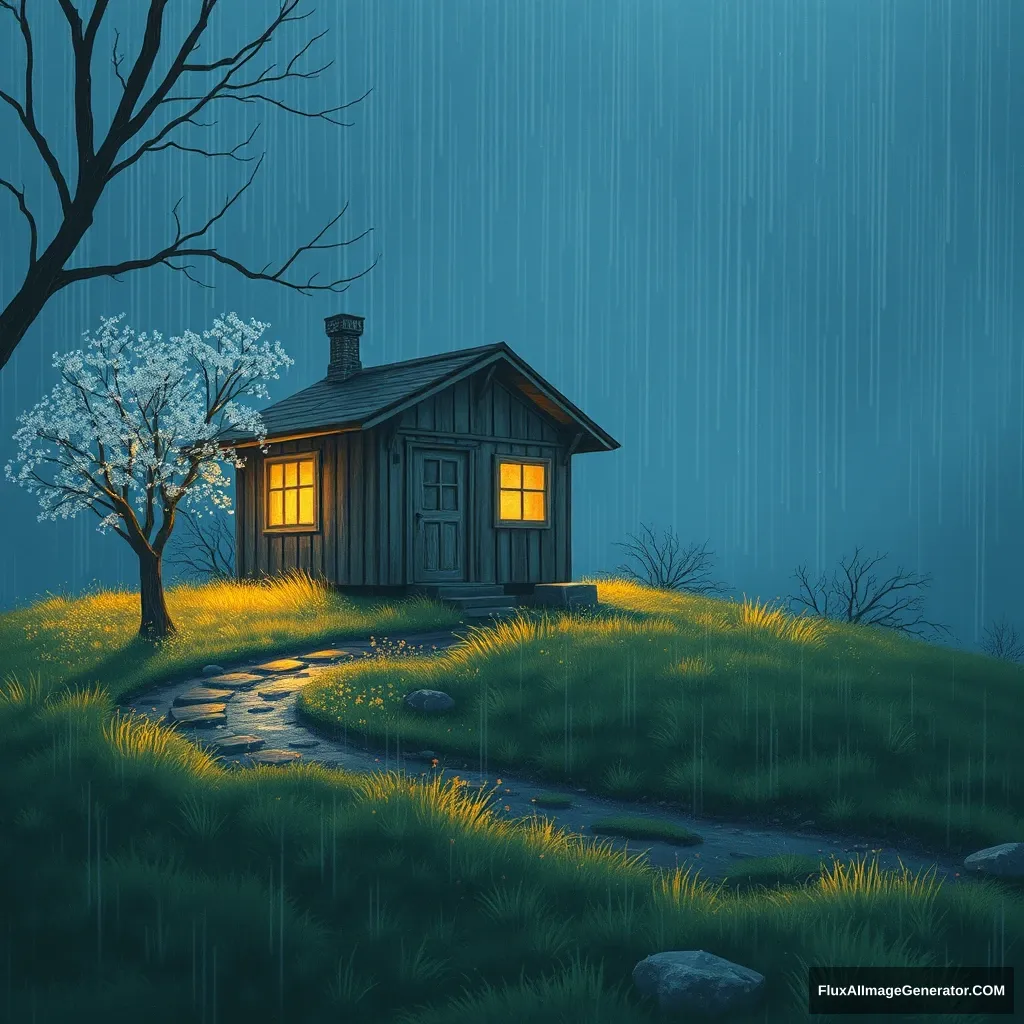 "A small building listens to the spring rain all night."