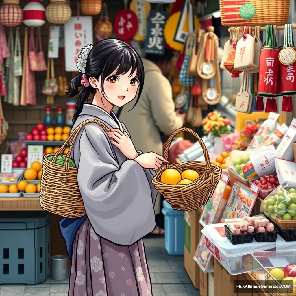 "A Japanese girl is carrying a small basket filled with fresh fruits and handicrafts. The items at the stall are vibrant and colorful, captivating one's attention. Dressed in traditional attire, I communicate with the vendors and feel completely immersed in this bustling market." - Image