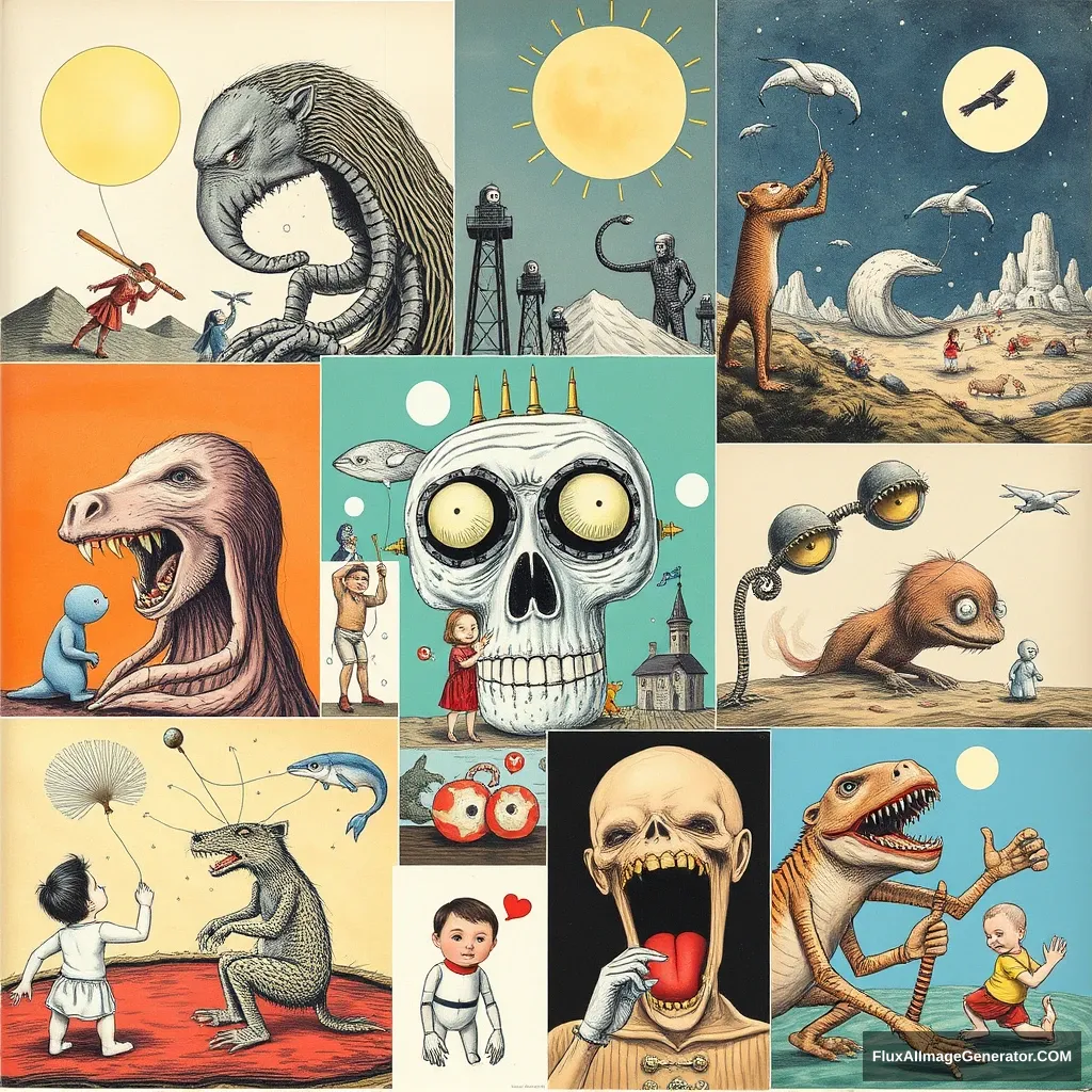 A collage of different extremely strange illustrations.