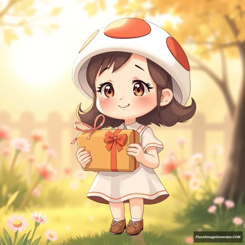 A little girl, holding a snack gift box, in a 3D Q-style, with a mushroom-shaped head, wearing a dress, set against a background of the beginning of summer.