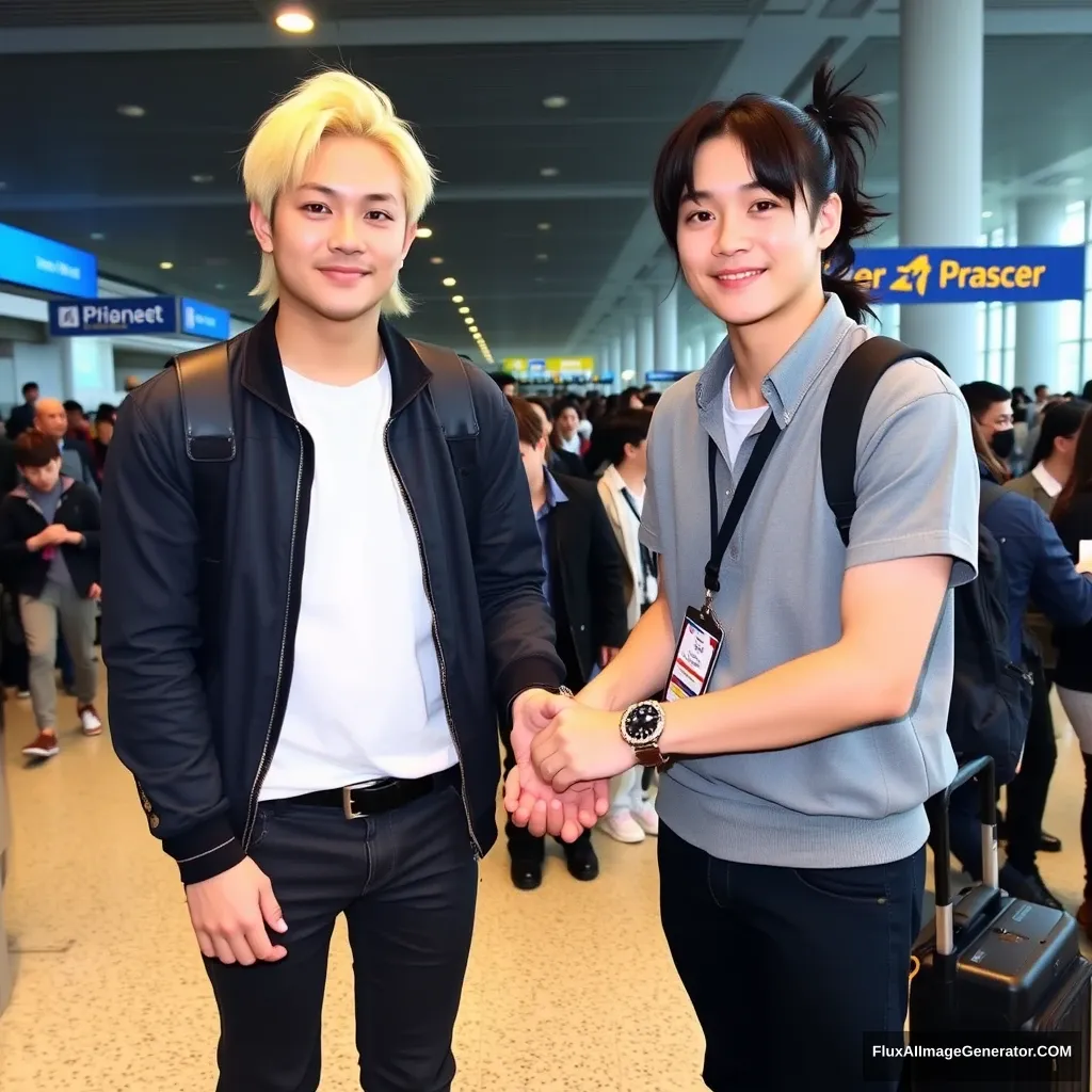 A man with ear-length blond hair (the face of Atsuki Mashiko) and a man with black pony-tailed hair (the face of Sekoguchi Ryo) holding each other's hands in front of a large crowd at the airport, both styled like K-pop idols. - Image