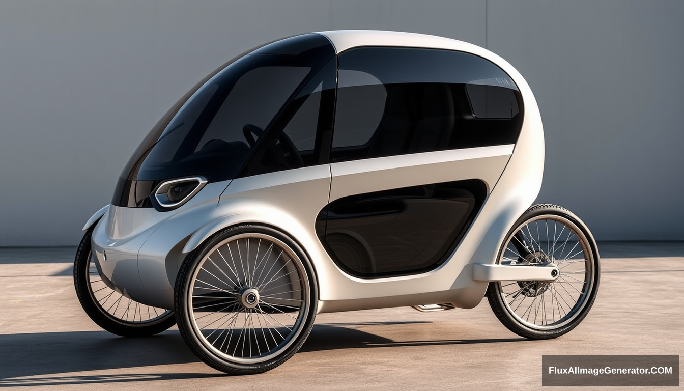 3 wheeled, enclosed, concept car, ((just 2 wheels in front)), ((only 1 in back)), 4k, wide bicycle wheels, very low, sleek, detailed.