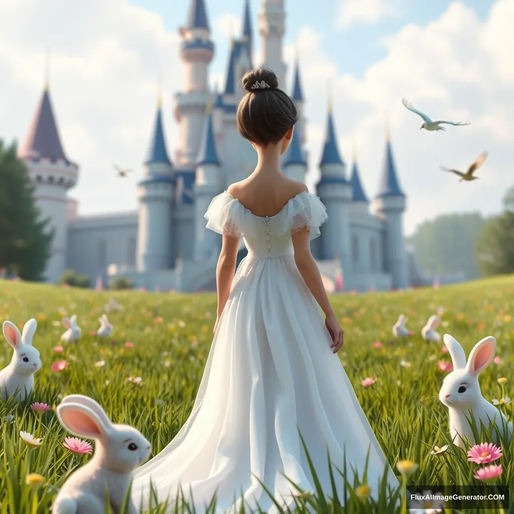 A princess in a white chiffon dress, looking ahead in the grass in front of the castle, with cute furry bunnies, birds, flowers, a magical world, Disney style, 3D rendering, natural light, high-definition picture quality, 8k, - niji 6.