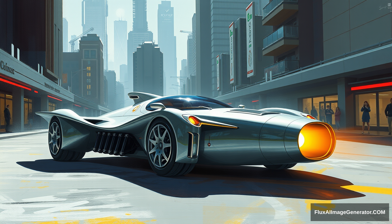 A fighter-inspired concept car, as painted by Syd Mead, in a futuristic city setting.