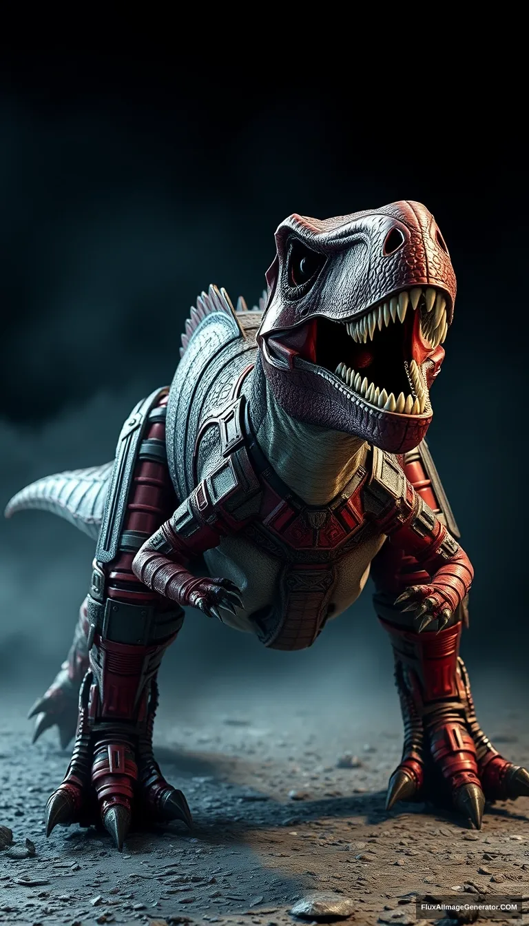 red-metal armored t-rex, hyper-realistic photo, 8K, unreal engine, full body shot