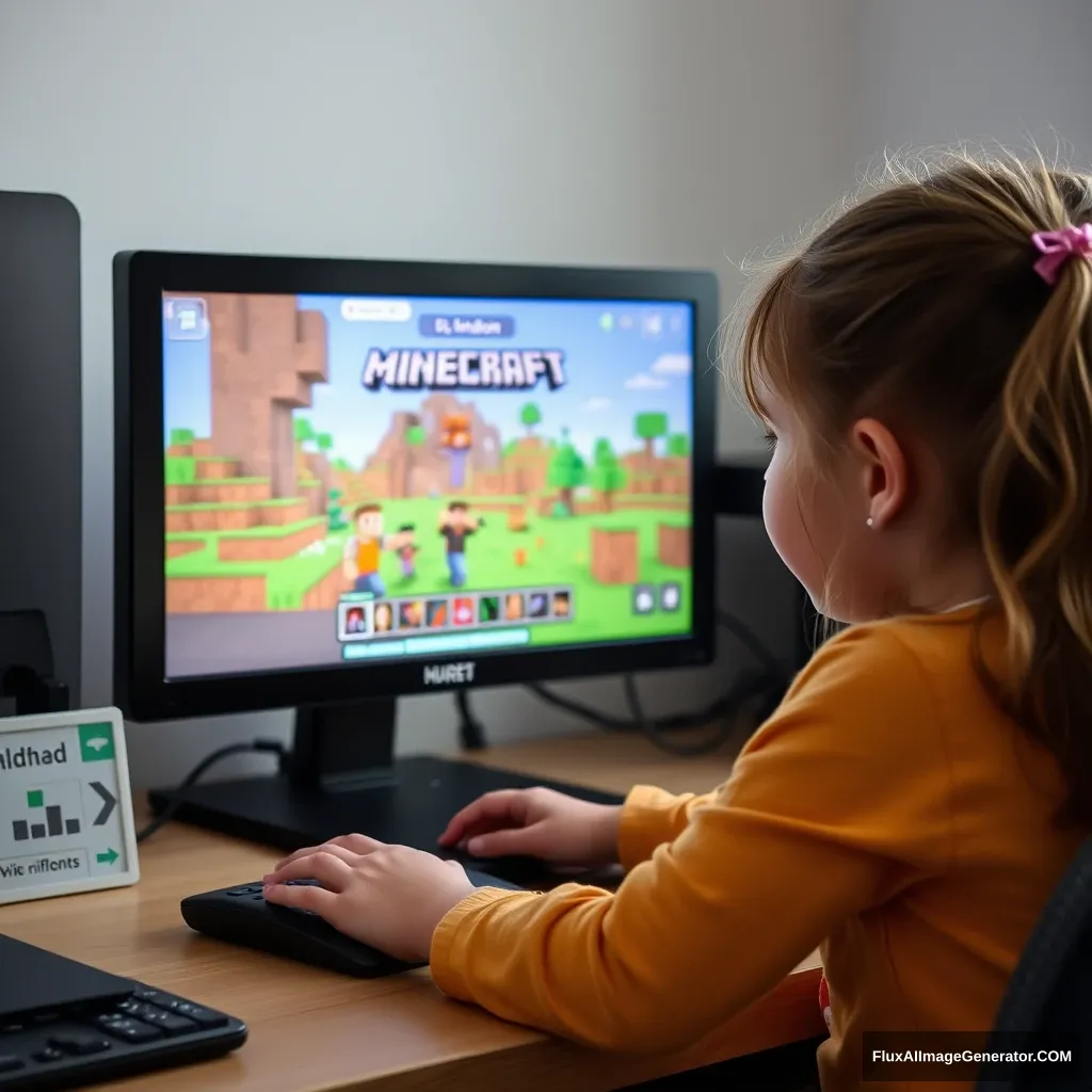 A little girl is playing Minecraft game on the computer screen. - Image