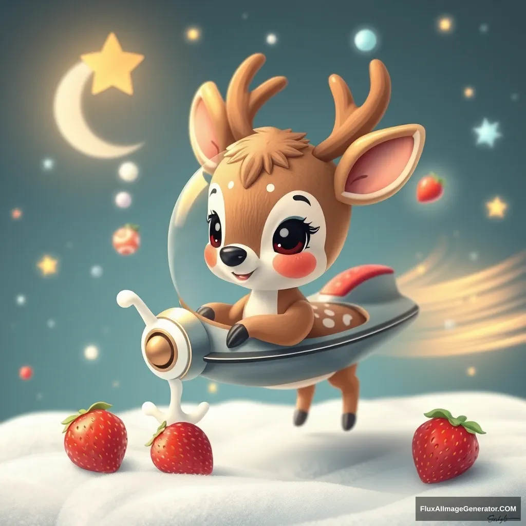 Cute baby deer, spaceship that can only get to Santa's star by drinking a million strawberry milk.